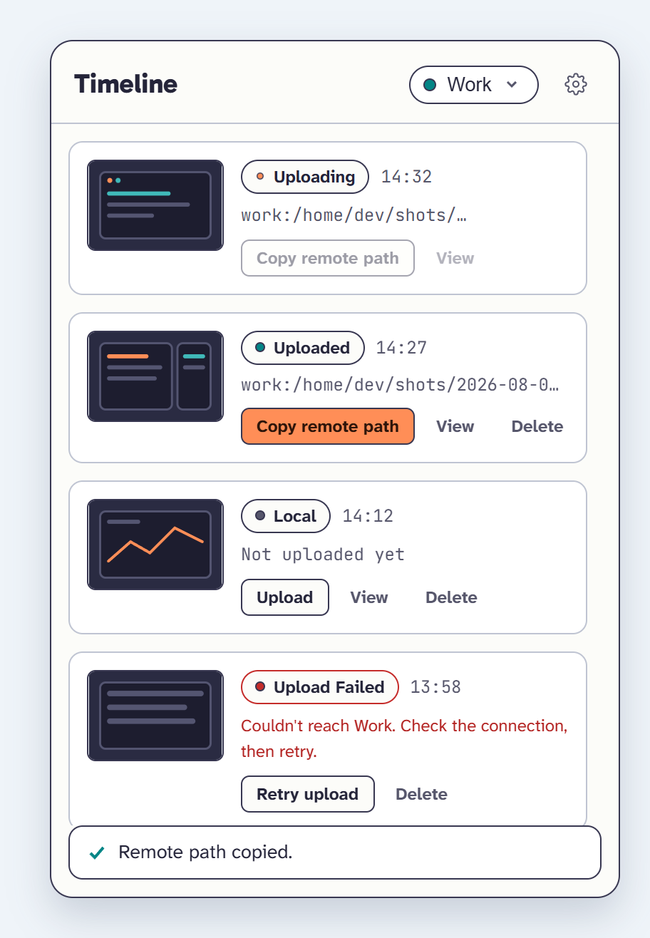 Design preview of RelayShot's Timeline: each screenshot listed with its upload status, remote path and actions